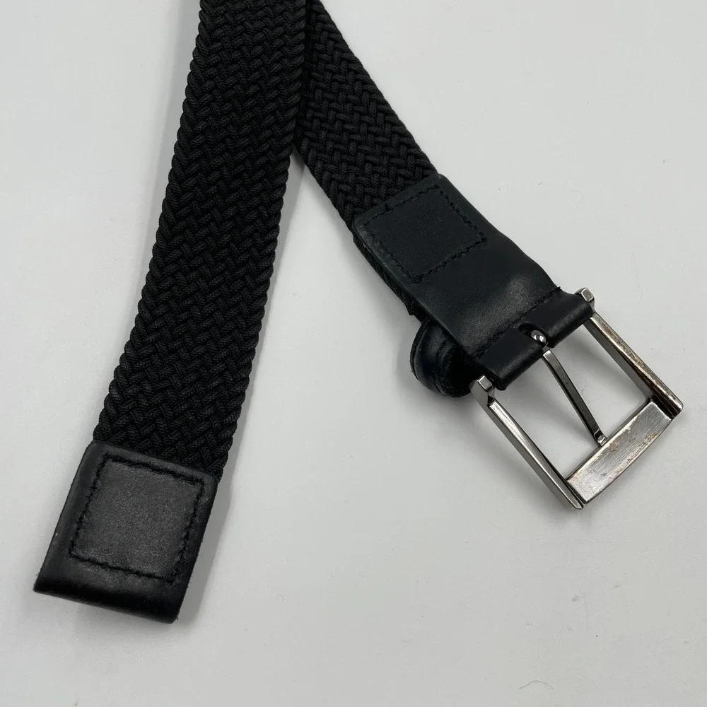 Men's Black Braided Elastic Stretch Belt Silver Buckle Leather Trim 42